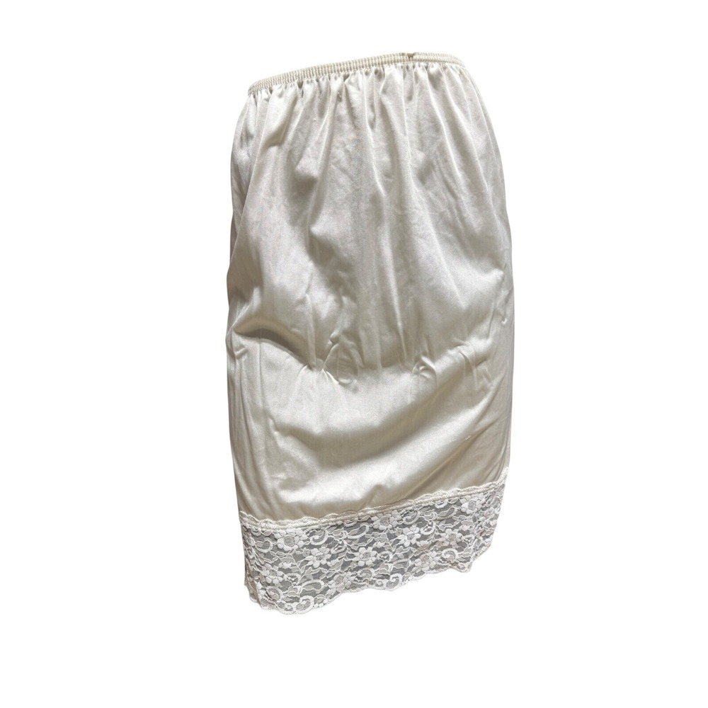 Vintage Ivory Nylon Half Slip Lace Trim Side Slit Elastic Waist Size Medium - Picture 1 of 13